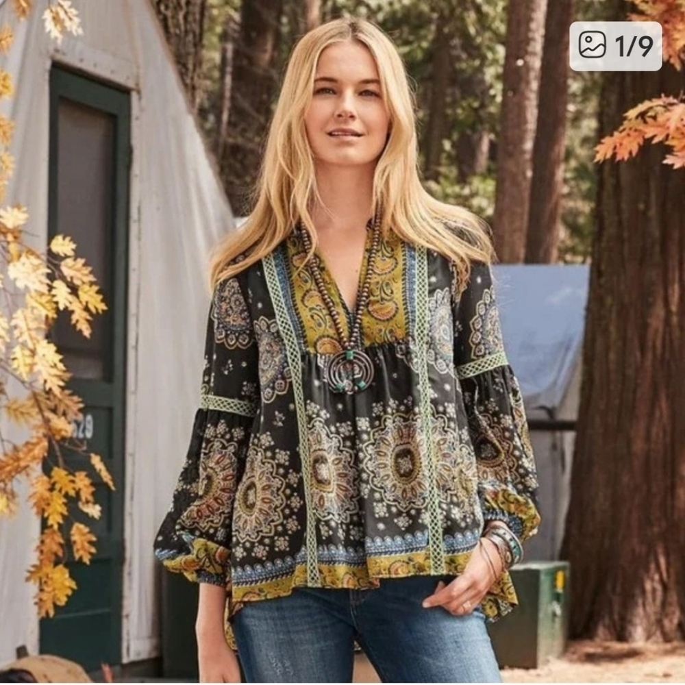 Sundance Cotton Carrina Boho Hi-Lo Floral Print Lined Top Fall Print XL
